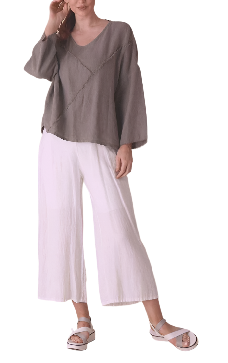 Linen Flat Front Crop Pant White